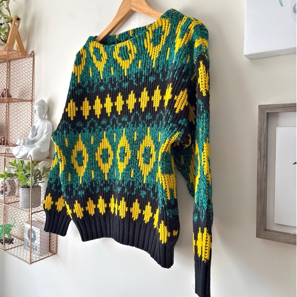 Vintage 80s 90s Grandpa Sweater Chunky Knit Oversized Pullover Colorful Size M - Picture 7 of 12
